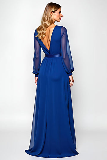 Royal Blue Chiffon Long Sleeve A Line Mother of the Bride Dress